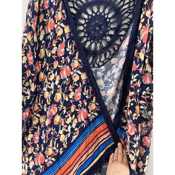 COLLEEN LOPEZ WOMENS multicolor FLORAL KIMONO TOPPER OPEN FRONT COVER UP CROCHET - Picture 6 of 8